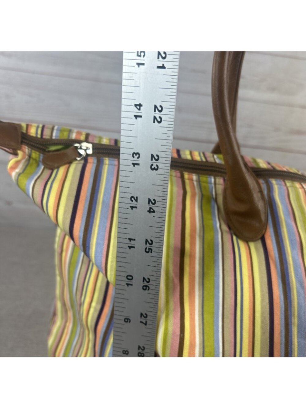 LONGABERGER Multicolor Blue Yellow Brown Stripe Weekender Tote Bag 17”x 13” - Picture 5 of 9